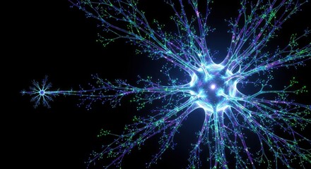 Glowing blue purple and green interconnected branching neural structures with tiny bright signal points on a dark background depicting a complex network