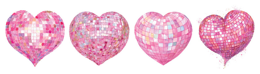 Watercolor set of disco heart-shaped layers. Disco hearts with sparkling pink particles. Retro disco elements for parties and invitations, posters. Vector illustration.
