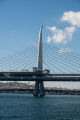 The various architectural views and perspectives of the Golden Horn Metro Bridge, located in the touristy Eminönü Golden Horn district of Istanbul, its cable-supported design and engineering structure