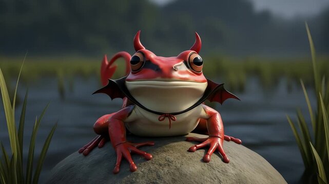 A red devilhorned frog with bat wings sits on a rock