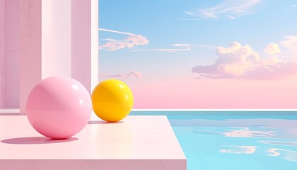 Pastel spheres by a pool,  sunset sky