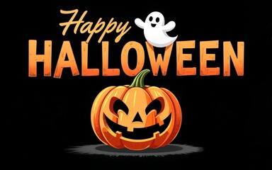 Happy Halloween Distressed Text with Pumpkin and Ghost Over Black Background. High quality
