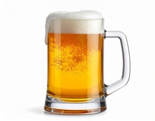 白背景にジョッキに入っている泡のついたビール	
