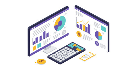 Isometric business analytics with computer screens and keyboard
