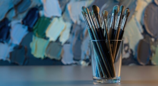 A clear glass holds numerous paintbrushes of varying sizes with bristles pointing upwards against a blurred background of textured paint swatches