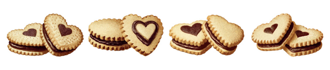 A set of shortbread cookies with chocolate in the shape of a heart. Cookies with chocolate filling and a heart cut out in the center. Sweets for Valentine's Day.
