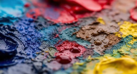 Obraz premium A close-up of vibrant blue red yellow and brown pigments with some wet and dry textures and scattered water droplets on a mixed color surface