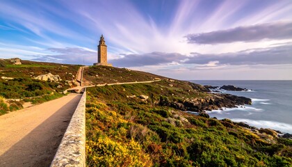 Coastal path leading to a tall tower