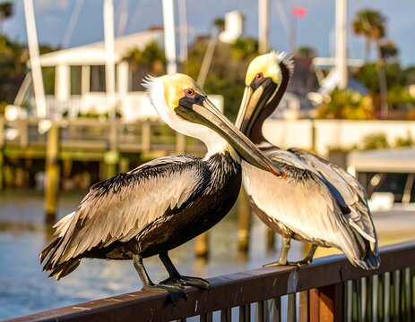 Two pelicans on a waterfront railing