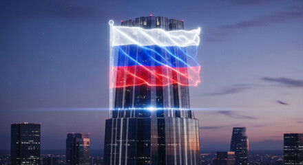 Stunning Russian flag projection illuminates modern skyscraper at dusk, symbolizing national pride and corporate power.