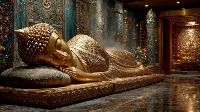 Reclining Golden Buddha Statue in Luxurious Teal Interior