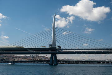 Fototapeta premium The various architectural views and perspectives of the Golden Horn Metro Bridge, located in the touristy Eminönü Golden Horn district of Istanbul, its cable-supported design and engineering structure