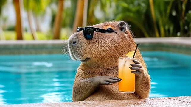 Capibara relajado en la piscina con c&oacute;ctel y gafas de sol &ndash; Estilo cinematogr&aacute;fico