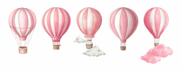 Watercolor hot air balloon set. Watercolor set of pink balloons, with baskets flying among pink clouds. Children's illustrations of a girl in watercolor.