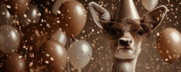 Funny baby deer wearing sunglasses with happy birthday balloons and confetti explosion flying around greeting card on brown background with copy space