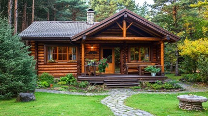 Obraz premium A cozy wooden cabin with a green roof and a chimney, surrounded by a lush green yard with a stone path leading to the front door,
