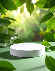 White circular podium with floating green leaves, natural sunlight, eco-friendly abstract background for product display