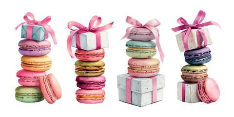 Set of watercolor macaroons with a gift box decorated with a bow. Dessert macaroons arranged in a tower with a gift box wrapped with a ribbon with a bow. Collection of sweet gifts.