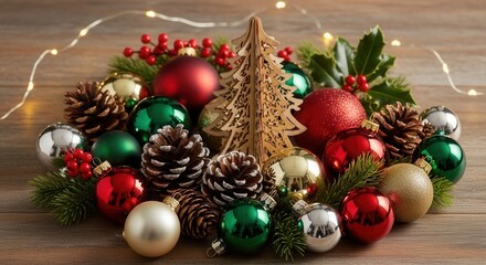 A festive display of red green gold and silver spherical decorations pinecones green sprigs a wooden tree and string lights on a wood surface