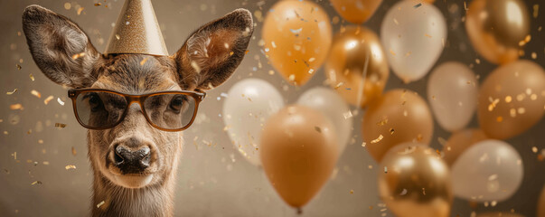 Funny baby deer wearing sunglasses with happy birthday balloons and confetti explosion flying around greeting card on brown background with copy space