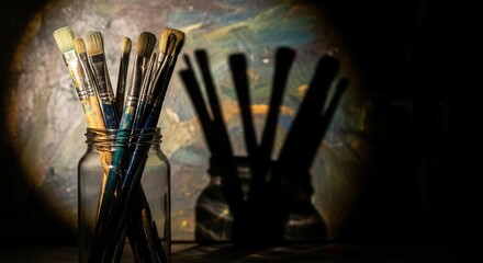 A glass jar filled with worn paintbrushes some with blue handles stands before a blurred painted background casting dark elongated shadows