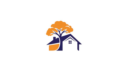 A stylized image of a tree with orange leaves and a house structure in purple on black background