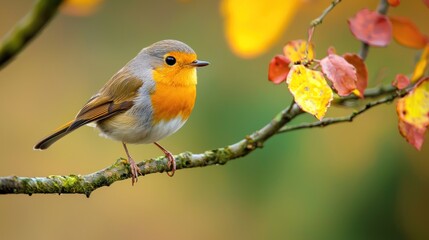 Obraz premium A colorful autumnal scene with a bird perched on a branch adorned with autumn leaves, set against a blurred background of orange and yellow hues.