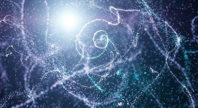 Glowing particles form intricate swirling patterns across a dark nebulous background with a bright light emanating from the upper left