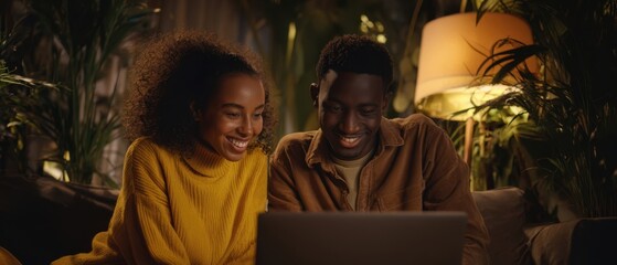 The couple sharing a laptop on a cozy living room sofa at night