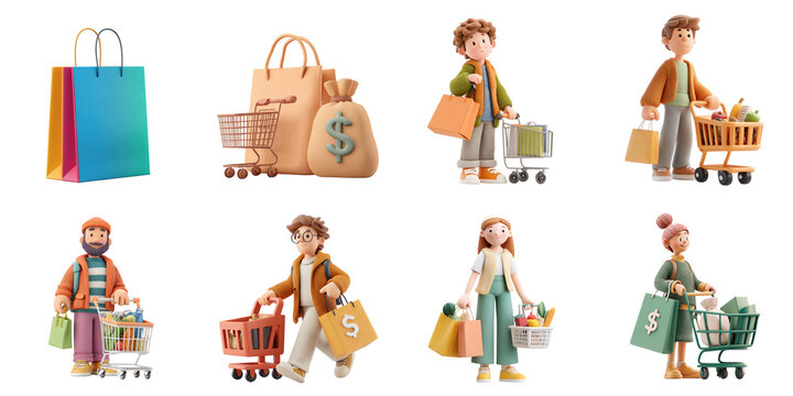 Human and shopping item isolated 3d mockup without background using for money spending purpose.