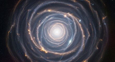 A luminous celestial spiral with a bright core surrounded by swirling golden star clusters and blue-grey nebulae in a starry void