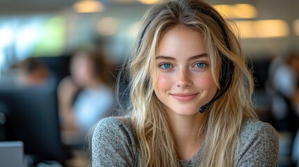 Obraz premium Young woman in headset, office background, smiling, customer service