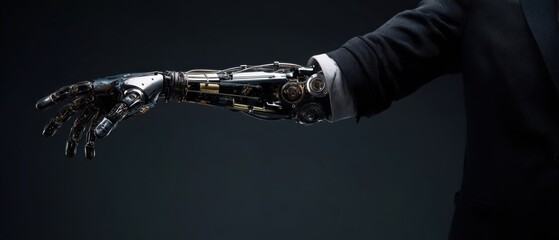 The Robotic Prosthetic Arm Extending from a Sleek Business Suit Sleeve
