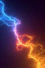 Vibrant lightning bolts in blue and orange illuminating a dark background, showcasing dynamic energy