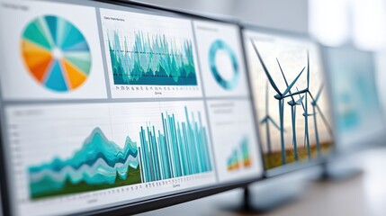 Policy framework for renewable energy with charts and data displayed on a digital screen.