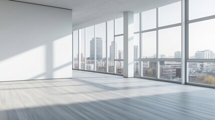 Fototapeta premium Minimalist empty room featuring a large window, filled with soft ambient daylight for a modern interior feel.