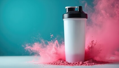 White protein shaker with black lid against vibrant teal background. Pink powder explosion surrounds container. Dynamic colors suggest energy, vitality for fitness enthusiasts, gym goers, athletes.