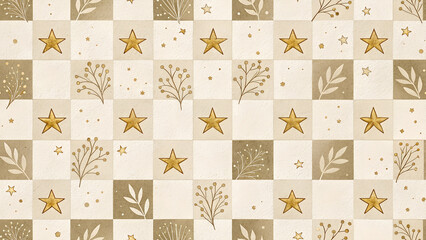 Seamless geometric pattern in soft beige and gold tones featuring star shapes, botanical twigs and checkered squares perfect for holiday backgrounds and elegant festive packaging