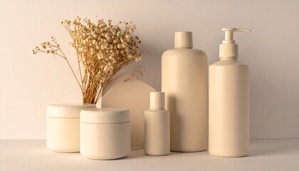 Flat lay of cruelty-free beauty products; lotion bottles, jars, and dried flowers, in warm beige tones against a white background, showcasing a minimalist product