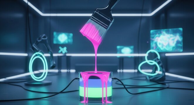 A paintbrush drips vibrant pink paint into a clear container with layered blue purple and green liquids connected by wires in a neon-lit futuristic digital space with glowing abstract forms
