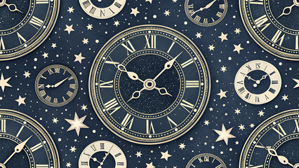 Seamless midnight blue pattern with vintage-style clock faces, stars and roman numerals creating a magical New Year’s Eve vibe perfect for wrapping paper and event invitations