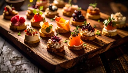 Assorted gourmet canap?s arranged on a wooden board.  Colorful appetizers