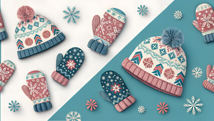 Seamless winter pattern with knitted woolen hats and mittens in festive colors and geometric snowflake patterns ideal for holiday textiles, greeting cards and cozy seasonal design