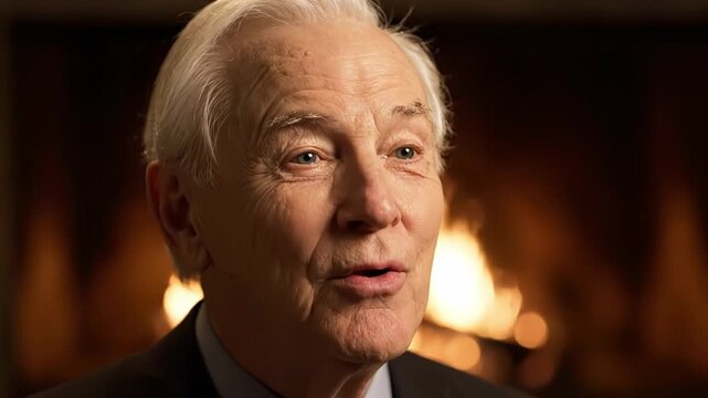 In a cozy, inviting atmosphere, an older gentleman shares heartfelt stories around a crackling fire, conveying warmth and wisdom. The ambiance enhances the intimate exchange of experiences.