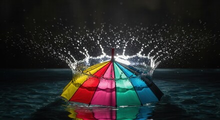 A vibrant multi-colored umbrella floats in dark water generating a high splash of droplets and a circular water crown against a dark background