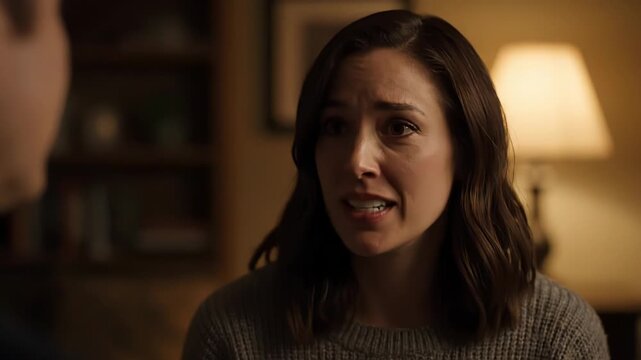 Two individuals engage in a heartfelt dialogue, revealing their emotions in a warmly lit living room. The intimacy of the setting enhances their meaningful exchange, creating a captivating atmosphere.