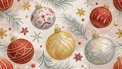Seamless Christmas pattern with red, gold and silver ornaments and fir branches on warm festive background ideal for gift wrap, holiday cards and decorative seasonal designs