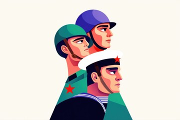 Illustration Featuring Three Different Soldiers in Distinctive Military Uniforms Representing Various Branches and Roles in a Modern Graphics Style