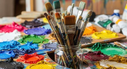 Fototapeta premium A wooden artists palette is covered with vibrant blobs of paint with numerous paintbrushes standing upright in a clear glass jar