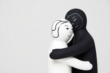 A Contemporary Artistic Representation of Embrace and Unity Through Minimalist Figurative Sculpture in Contrasting Colors and Forms